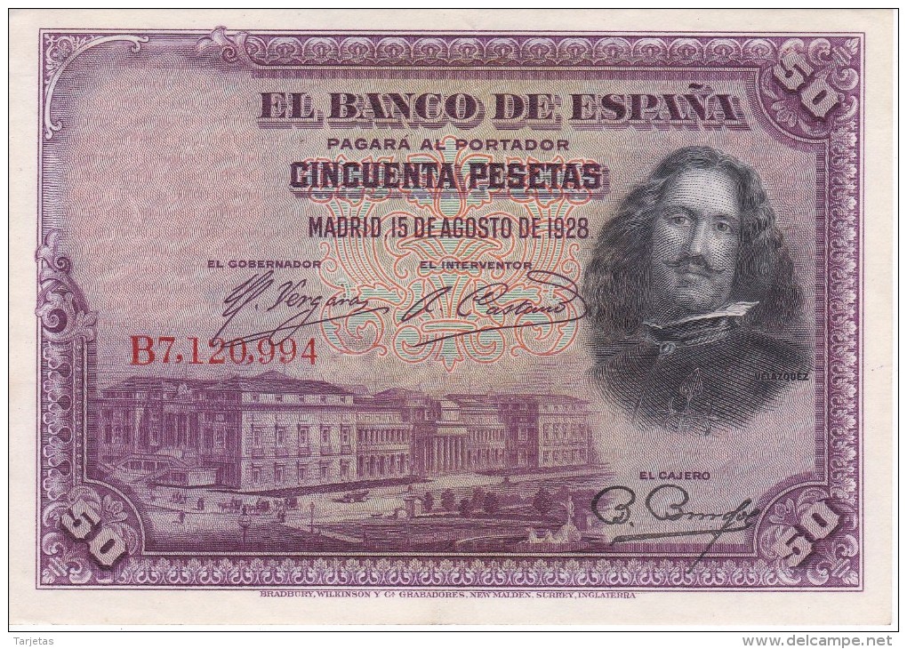 BILLETE DE ESPAÑA DE 50 PTAS DEL AÑO 1928 SERIE B CALIDAD EBC+ (BANKNOTE) - 50 Pesetas