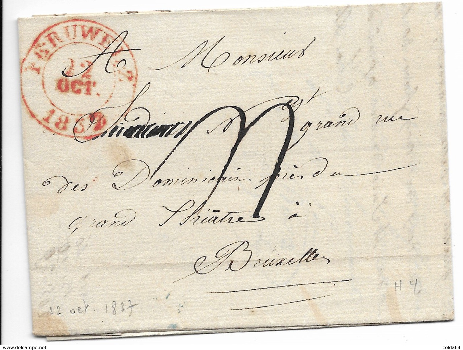 Lettre De Peruwelz Pour Bruxelles. 22 Octobre 1837. - 1830-1849 (Belgique Indépendante)