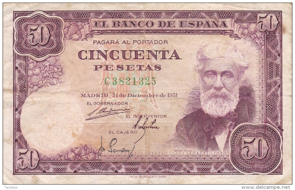 BILLETE DE ESPAÑA DE 50 PTAS DEL 31/12/1951 SERIE C  (BANKNOTE) - 50 Pesetas