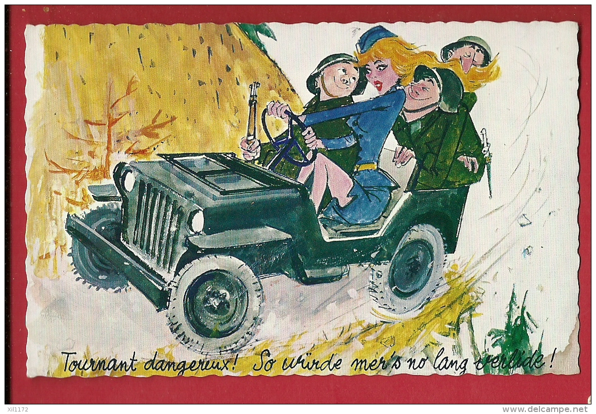 FJH-17 Humour Militaire, Tournant Dangereux. Militaires Dans Une Jeep Conduite Par Une Belle Blonde. Cachet Militaire - Humour