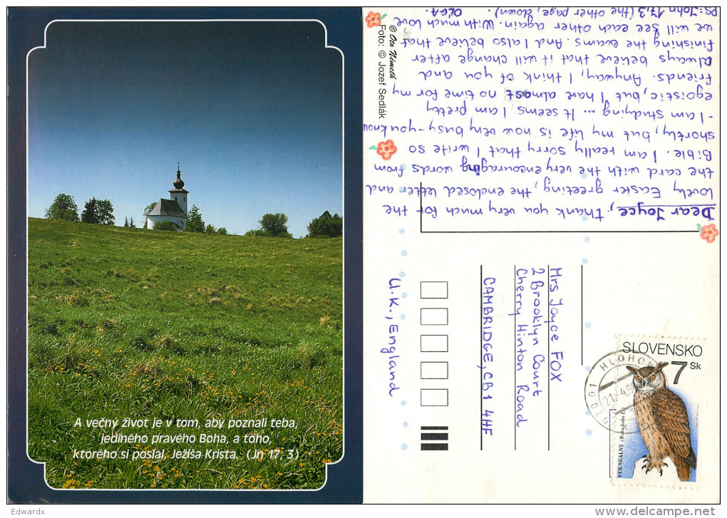 Church, Bible Verse, Slovakia Postcard Posted 1998 Stamp - Slovakia