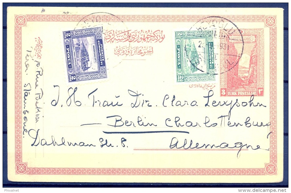 1931 , TURQUIA , ENTERO POSTAL P 50 CIRCULADO ENTRE ESTAMBUL Y BERLIN , FRANQUEO COMPL. FERROCARRIL - Brieven En Documenten