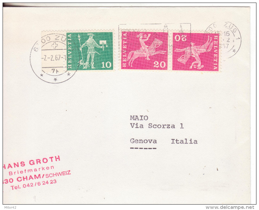 4-Svizzera-10c.+(20c.+20c.) Messaggeri E Città In Tete Beche-Storia Postale-v.1967 X Genova - Tête-bêche