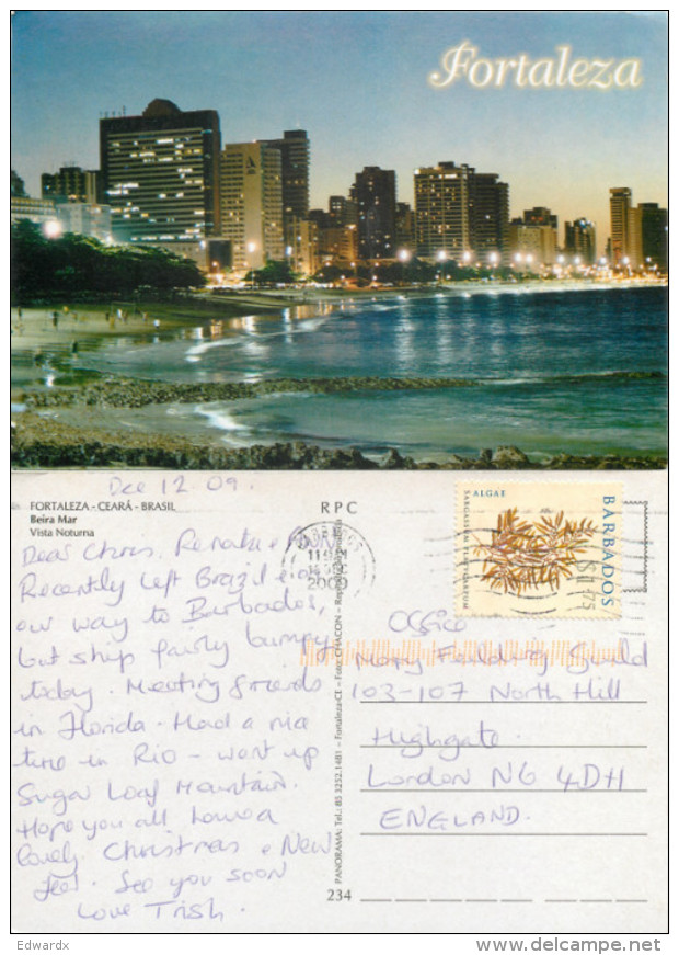 Fortaleza, Brazil Postcard Posted 2009 BARBADOS Stamp - Fortaleza