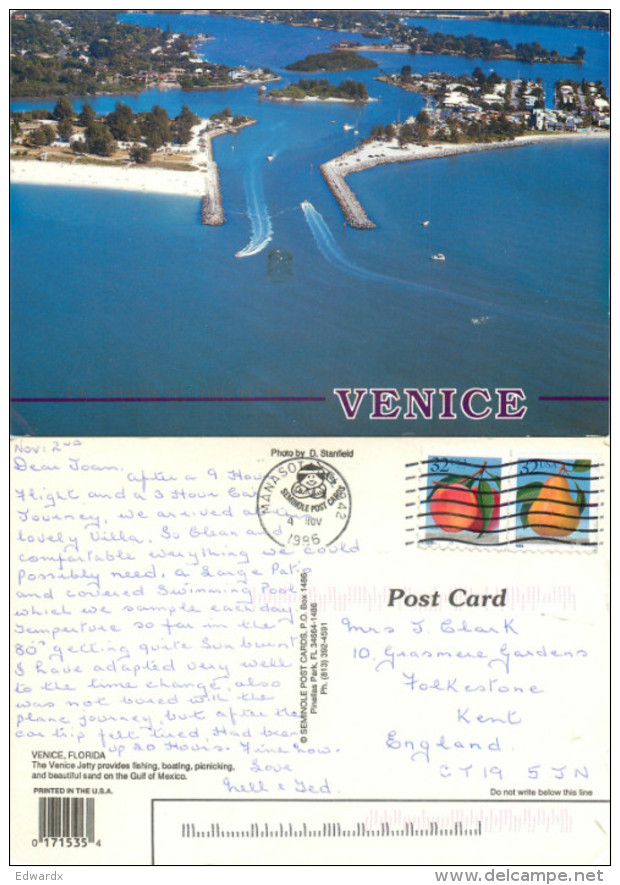 Jetty, Venice, Florida, United States US Postcard Posted 1996 Stamp - Venice