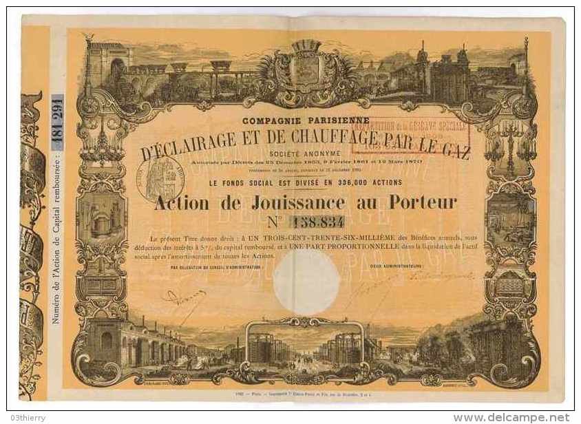 ACTION DE JOUISSANCE AU PORTEUR COMPAGNIE PARISIENNE D'ECLAIRAGE ET DE CHAUFFAGE PAR LE GAZ 1905 - Electricité & Gaz