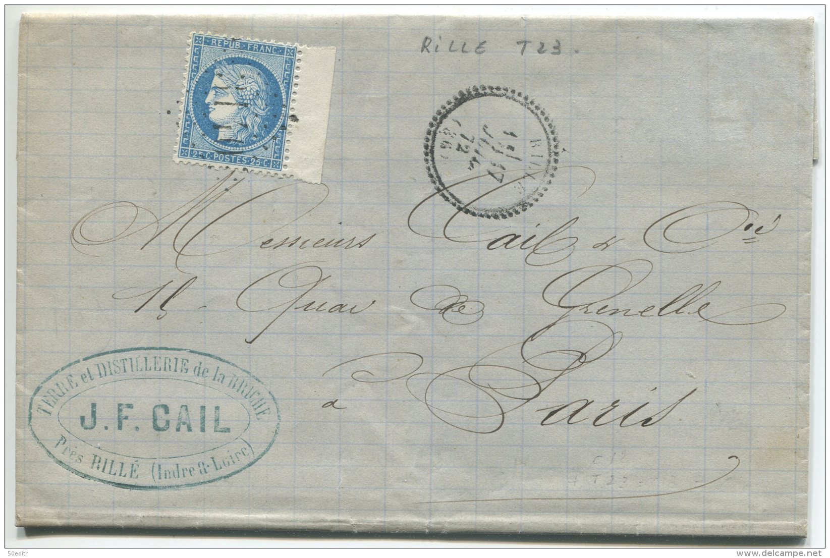 N°60 Bdf + GC 3140  / Lettre  De La Briche Près Rillé (indre Et Loire) Pour Paris - 1871-1875 Cérès