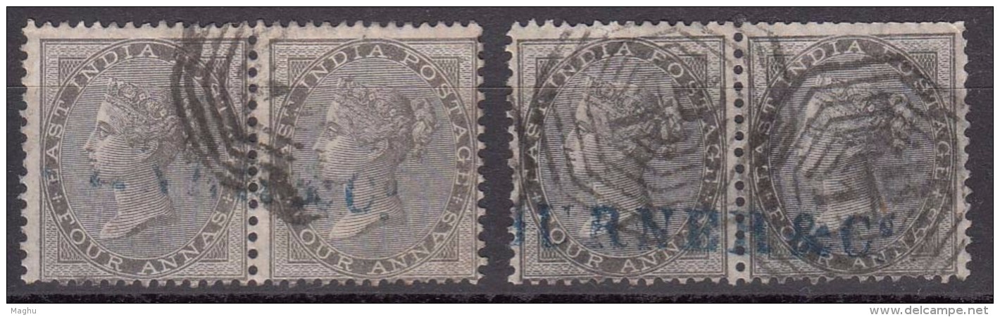 Four Annas X 2 Used Pair, 4as Grey Black & Black No Wmk British East India 1856, Early Cancellations JC / Renouf Type 7 - 1854 Britse Indische Compagnie