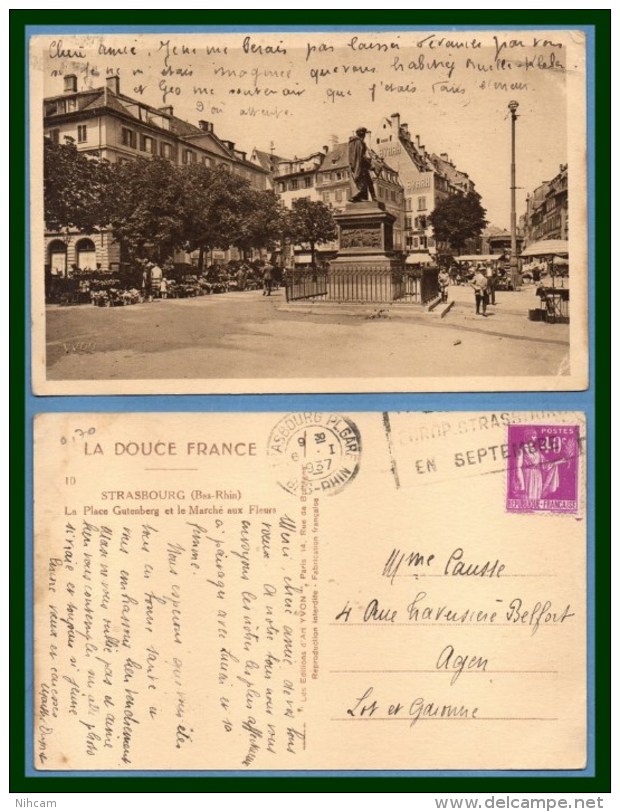 CPA STRASBOURG  Place Gutenberg Et Marché Aux Fleurs Voy Paix 1937 - Strasbourg