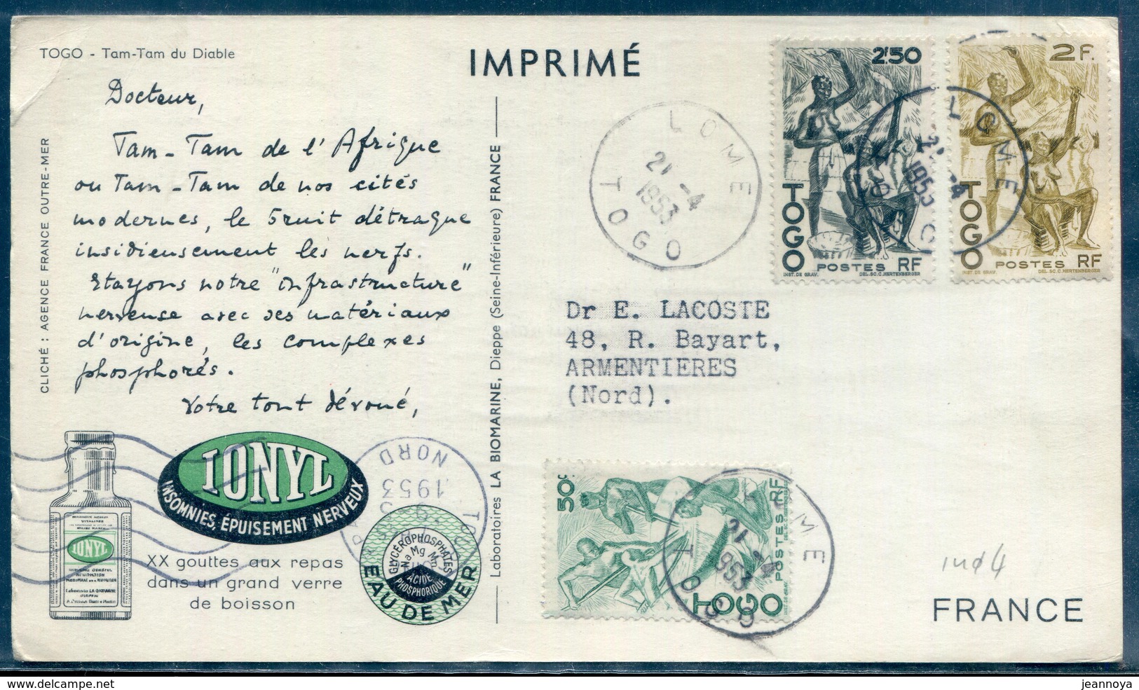 TOGO - N° 238 + 243 + 244 / CP  " IONYL " OBL. LOME LE 21/4/1953 POUR LA FRANCE - TB - Covers & Documents