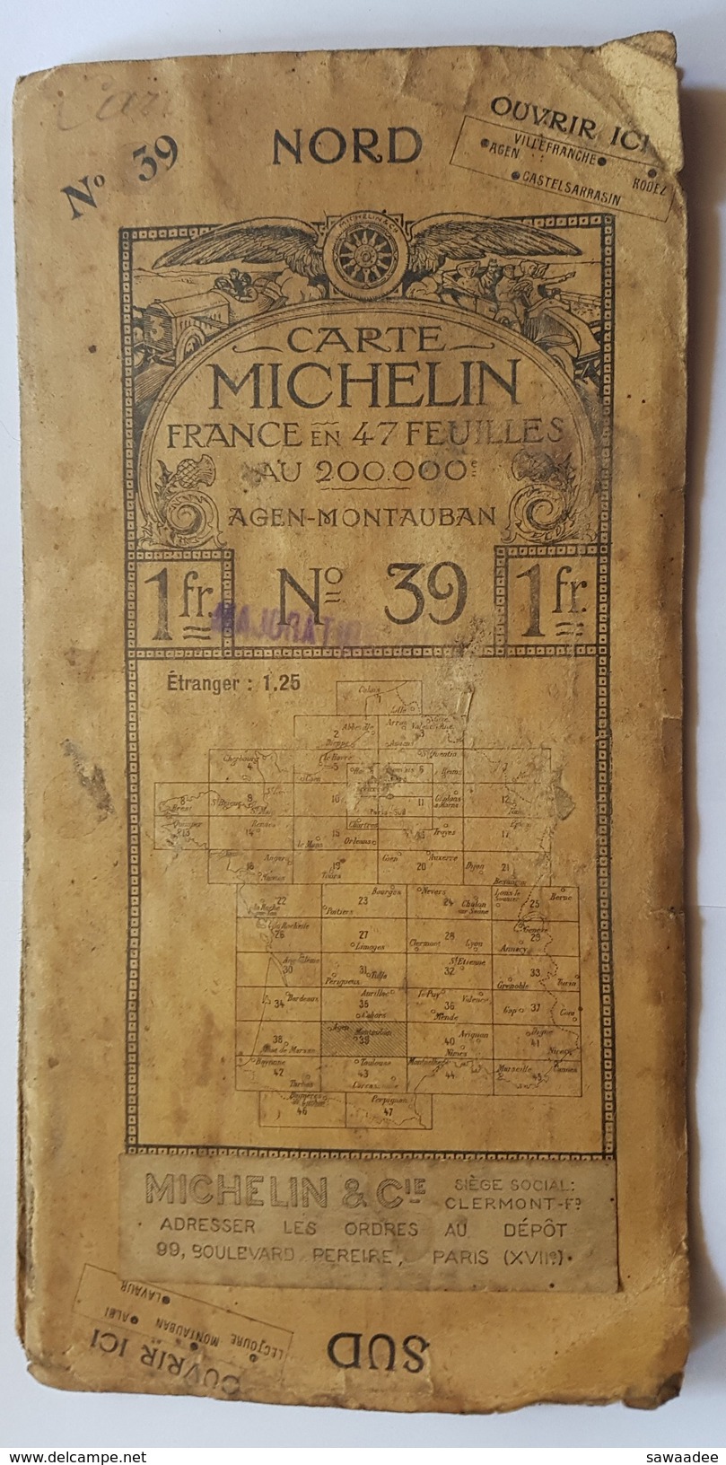 CARTE - MICHELIN - N°39 - AGEN MONTAUBAN - 200000° - PUBLICITE : AUTOMOBILE RENAULT - EN L'ETAT - Cartes Routières