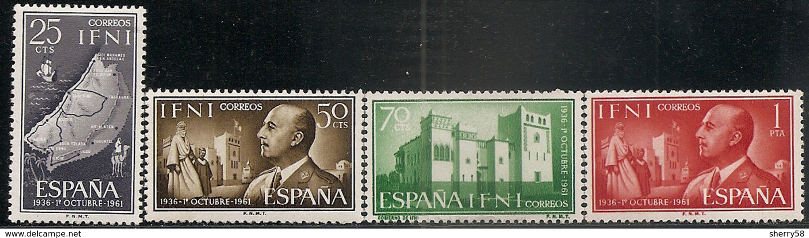 IFNI-1961-ED. 179 A 182 SERIE COMPLETA -25 ANIV. EXALTACION GENERAL FRANCO A LA JEFATURA DEL ESTADO-NUEVO SIN FIJASELLOS - Ifni