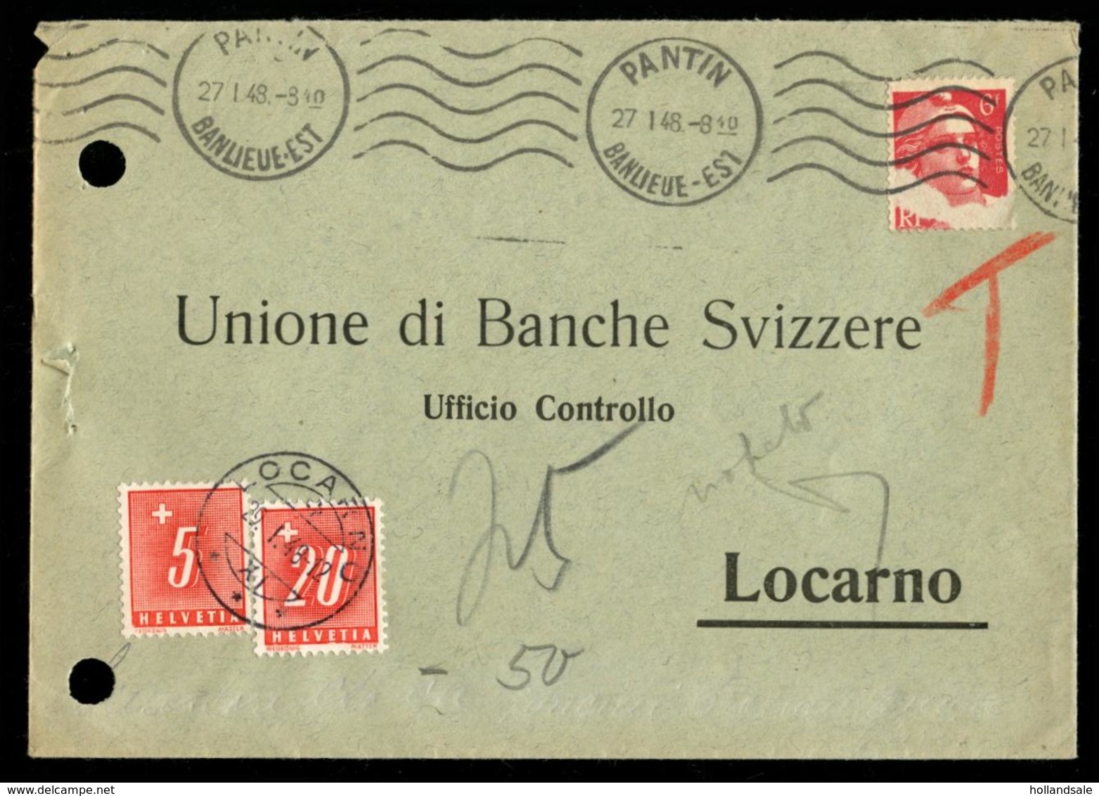 FRANCE - Bank-cover Sent To Locarno, Switzerland. Two (2) Postage Due Stamps Of Suisse / Helvetia. (d-946) - Covers & Documents