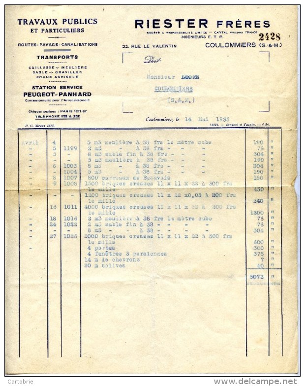 77 COULOMMIERS RIESTER Frères, 22 Rue Le Valentin, Travaux Publics, Concessionnaire PEUGEOT PANHARD - Automobile