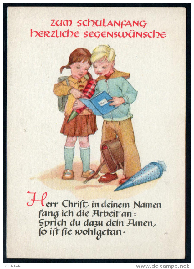 8557 - Alte Glückwunschkarte - Schulanfang - Zuckertüte Kinder - DDR 1954 - Einschulung