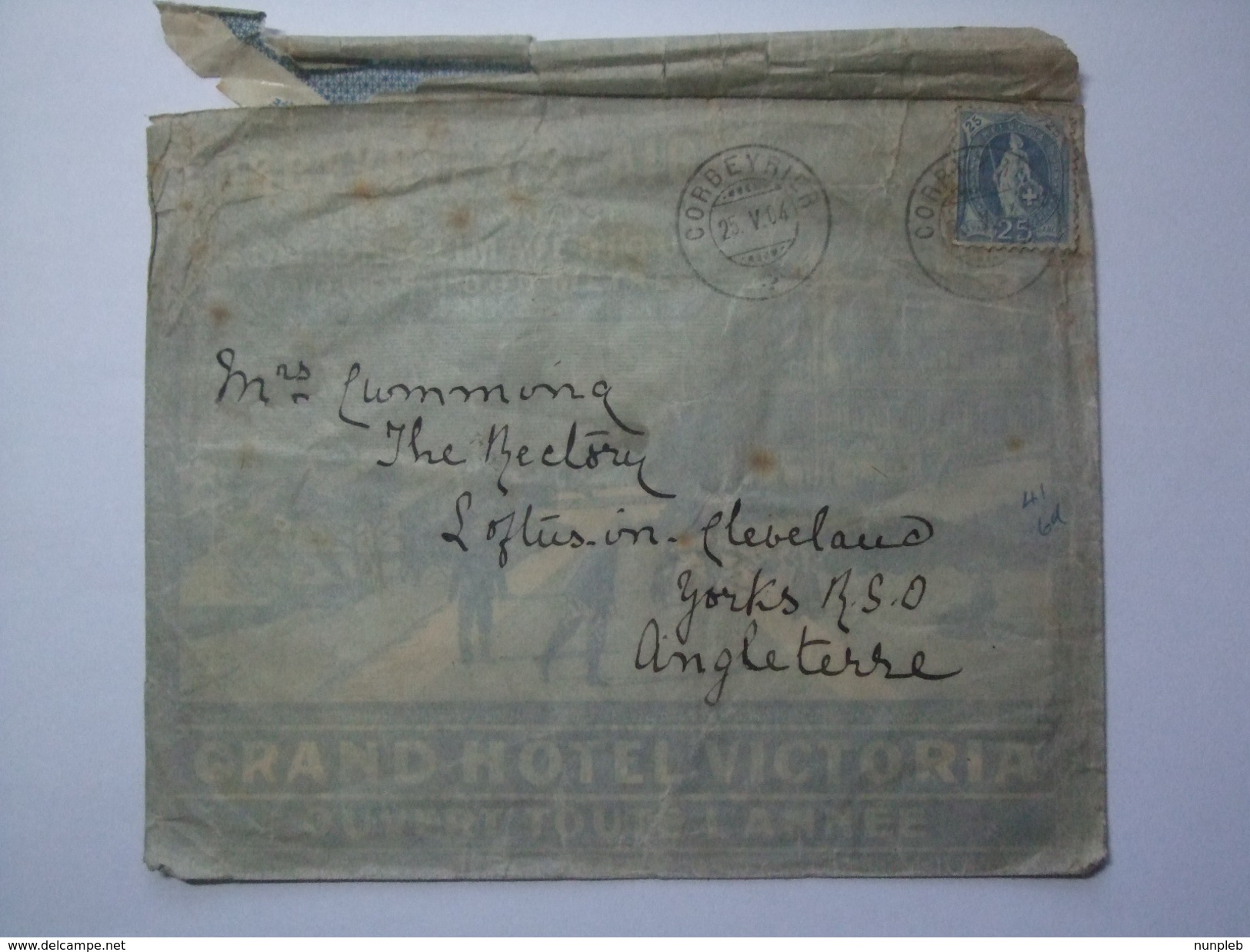 SWITZERLAND 1904 COVER WITH ILLUSTRATED GRAND HOTEL VICTORIA CORBEYRIER TO SALTBURN ENGLAND - Lettres & Documents