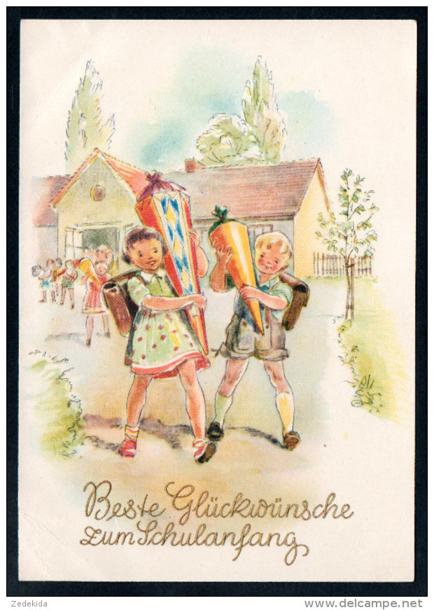 8563 - Alte Glückwunschkarte - Schulanfang - Kinder Mit Zuckertüte - Planet - DDR 1954 - Einschulung