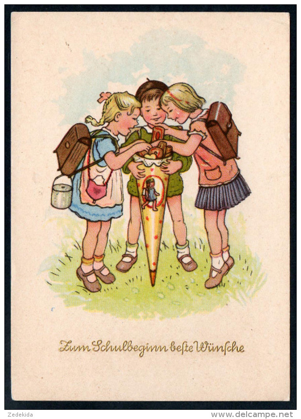 8565 - Alte Glückwunschkarte - Schulanfang - Kinder Zuckertüte - Neubert - 1956 - Einschulung