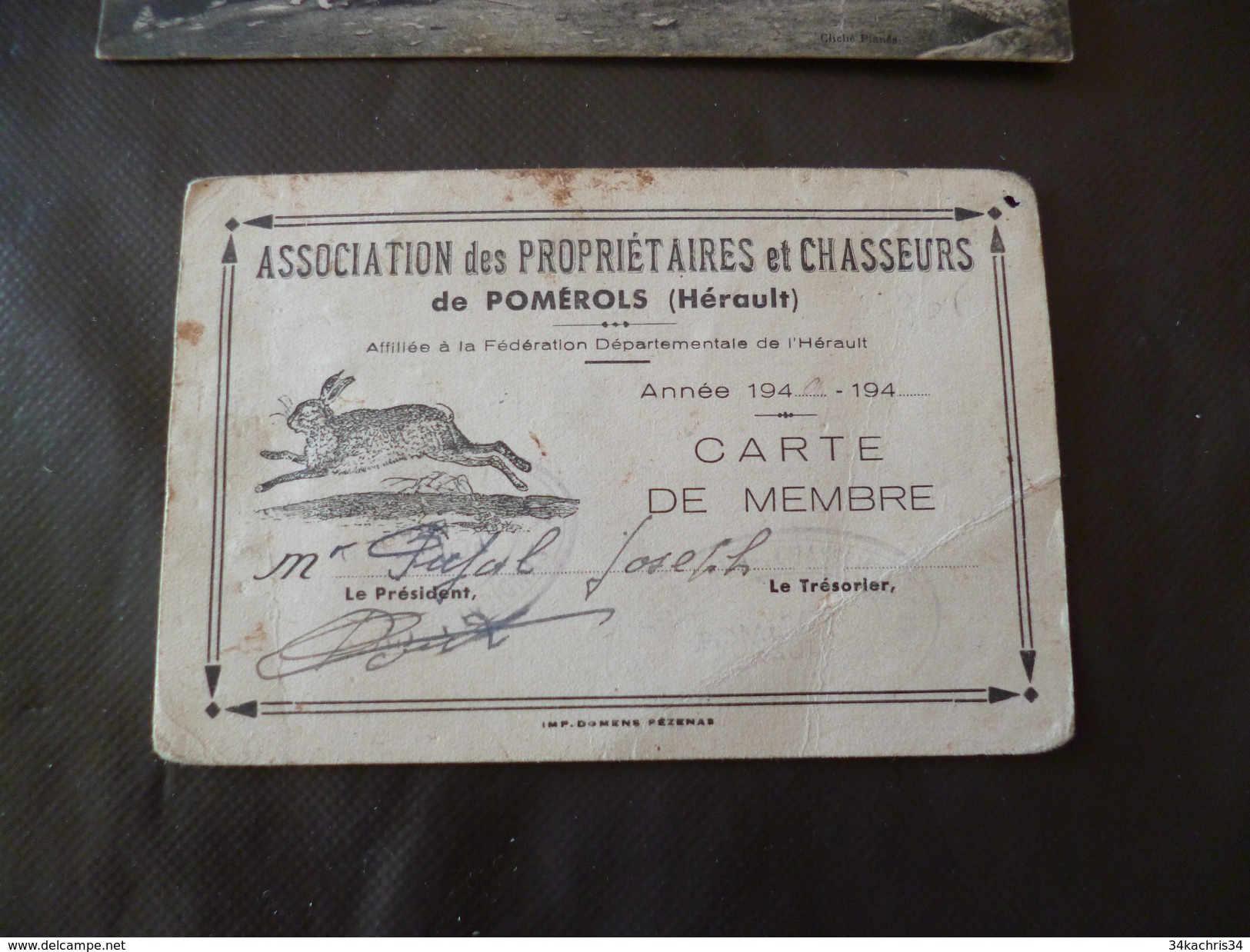 CPA 34 Hérault Pomérols Carte De Membre Association Des Propriétaires Et Chasseurs - Ohne Zuordnung