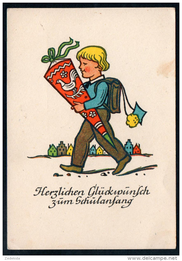 8578 - Alte Glückwunschkarte - Schulanfang - Junge Mit Zuckertüte - Lederbogen Chemnitz - Primero Día De Escuela
