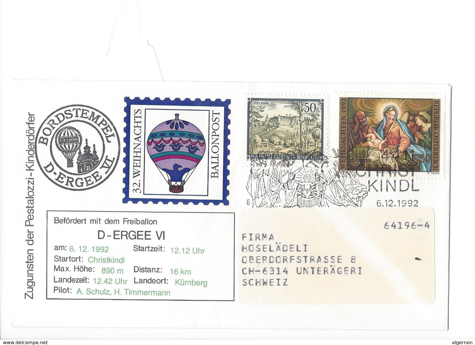 15901 - Christkindl  Cover Pro Juventute Und Des Pestalozzi 32. Weihnachts Ballonpost 6.12.1992 Pour Unterägeri Suisse - Noël