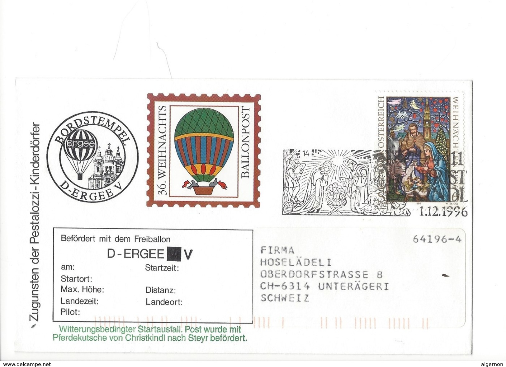 15907 - Christkindl  Cover Pro Juventute Und Des Pestalozzi 36 Weihnachts Ballonpost 1.12.1996 Pour Unterägeri Suisse - Noël