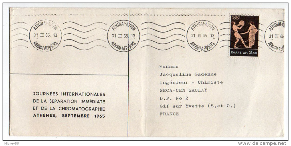 Grèce--1965-Lettre De Athènes Pour Gif Sur Yvette-91(France)-timbre Jeux Olympiques-Très Belle Oblitération Mécanique - Storia Postale