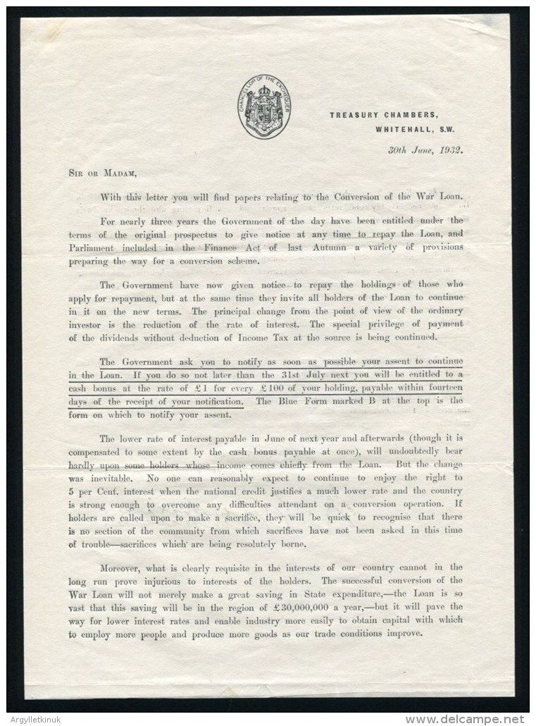 PARLIAMENTARY CIRCULAR & ENVELOPE ON WAR LOANS 1932 CHAMBERLAIN CHANCELLOR - Historical Documents