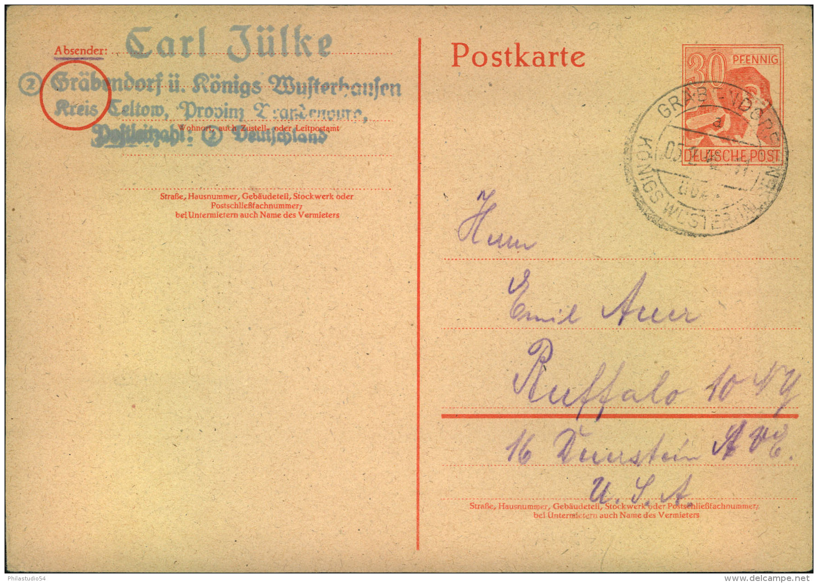 1948, 30 Pfg. Ganzsache Mit Wertstempel Arbeiter Ab GRÄBENDORF über KÖNIGSWUSTERHAUSEN Nach USA - Altri & Non Classificati