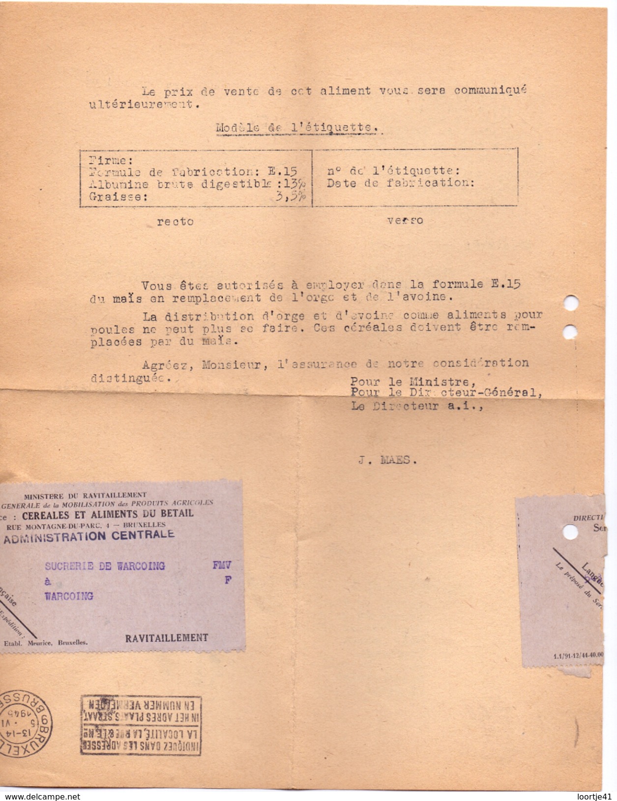 Factuur Facture - Brief Lettre - Ministere De Ravitaillement - Bruxelles 1945 - - Levensmiddelen