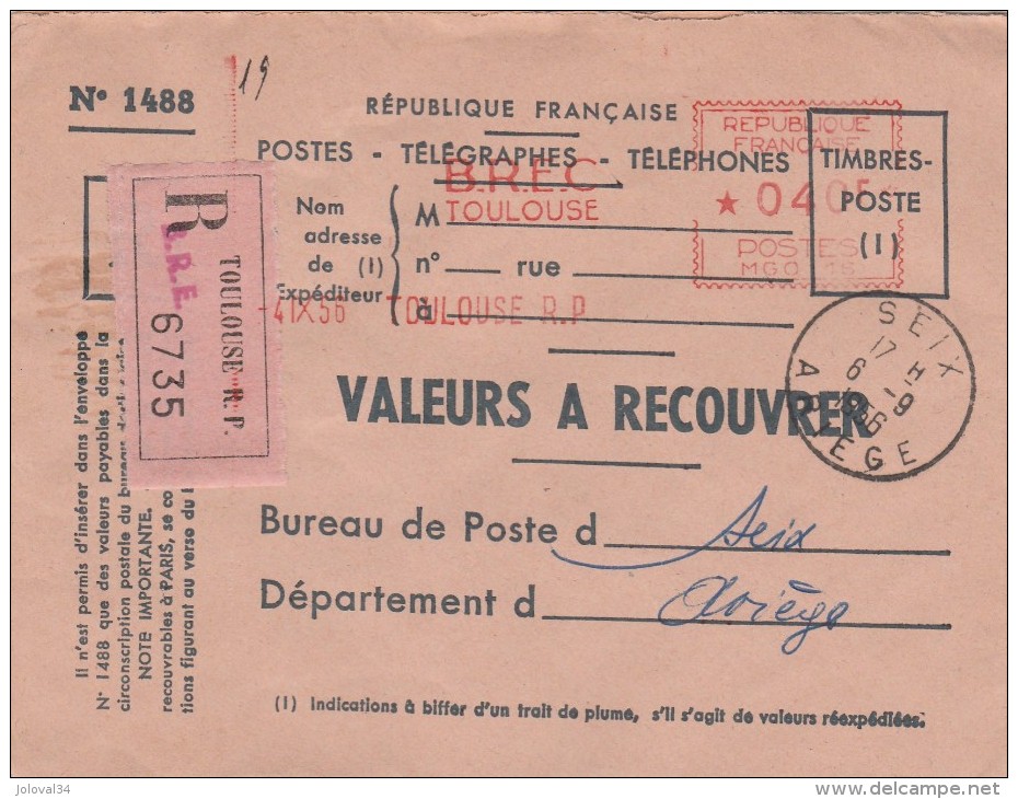 Lettre Recommandée Valeurs à Recouvrer EMA MG 0115 BREC TOULOUSE 6/9/1956 Pour SEIX Ariège - Covers & Documents