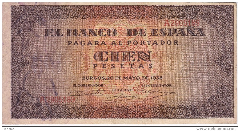 BILLETE DE ESPAÑA DE 100 PTAS 20/05/1938 SERIE A  EN CALIDAD MBC (BANK NOTE) - 100 Peseten