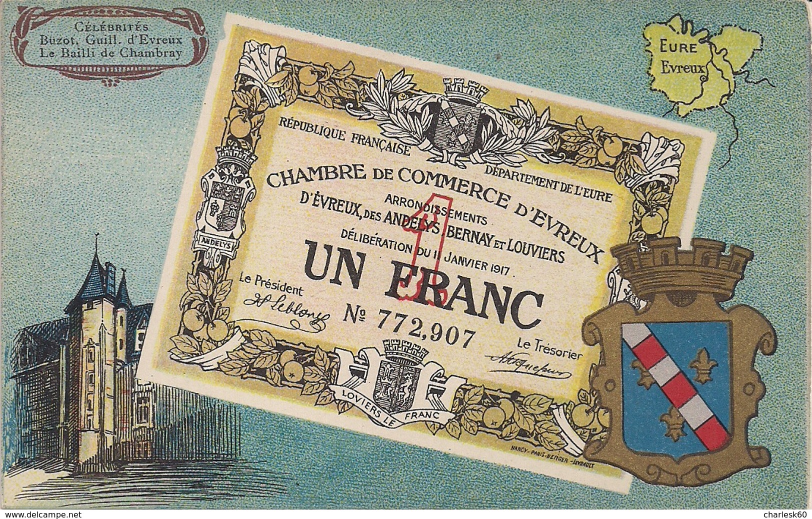 CPA Chambre De Commerce D'Évreux Andelys Bernay Louviers Billet Un Franc Édition Des Petites Affiches De Normandie Rouen - Evreux