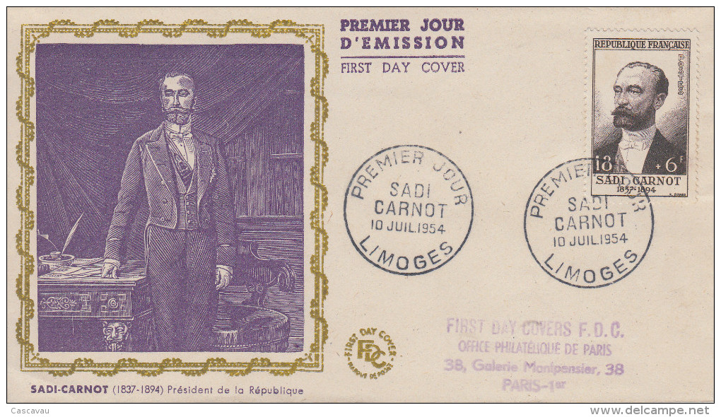 Enveloppe  FDC  1er  Jour   SADI  CARNOT   LIMOGES   1954 - 1950-1959