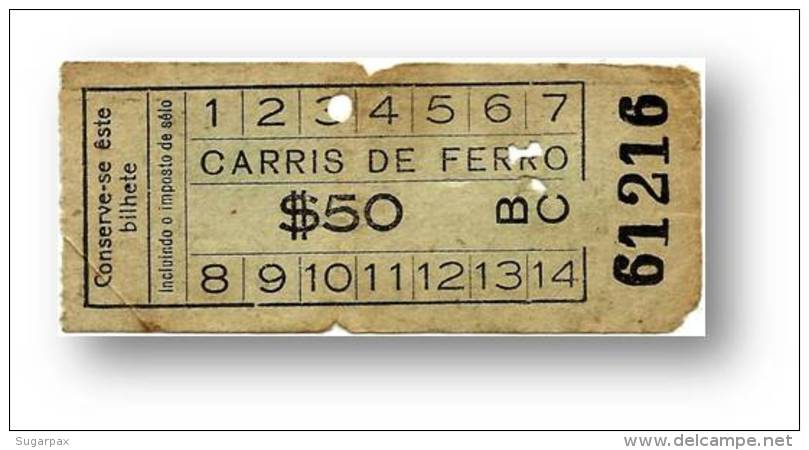 Carris De Ferro - $50 - Inspector's Chopping - Tramway Ticket - Serie BC - RADAR 61216 CAPICUA - Lisboa Portugal - Europa