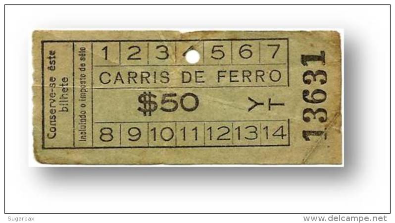 Carris De Ferro - $50 - Tramway Ticket - Serie YT - RADAR 13631 CAPICUA - Lisboa Portugal - Europe