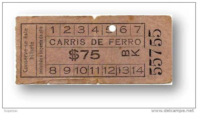 Carris De Ferro - $75 - Tramway Ticket - Serie BK - RADAR 55755 CAPICUA - Lisboa Portugal - Europa