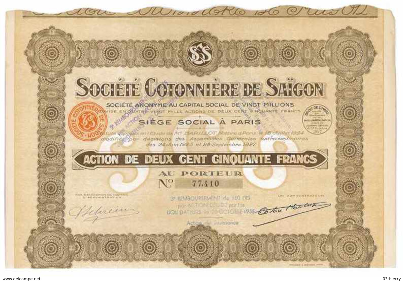 SOCIETE COTONNIERE DE SAIGON 1927 ACTION DE 250 FRANCS LIQUIDATION 1956 - Asia