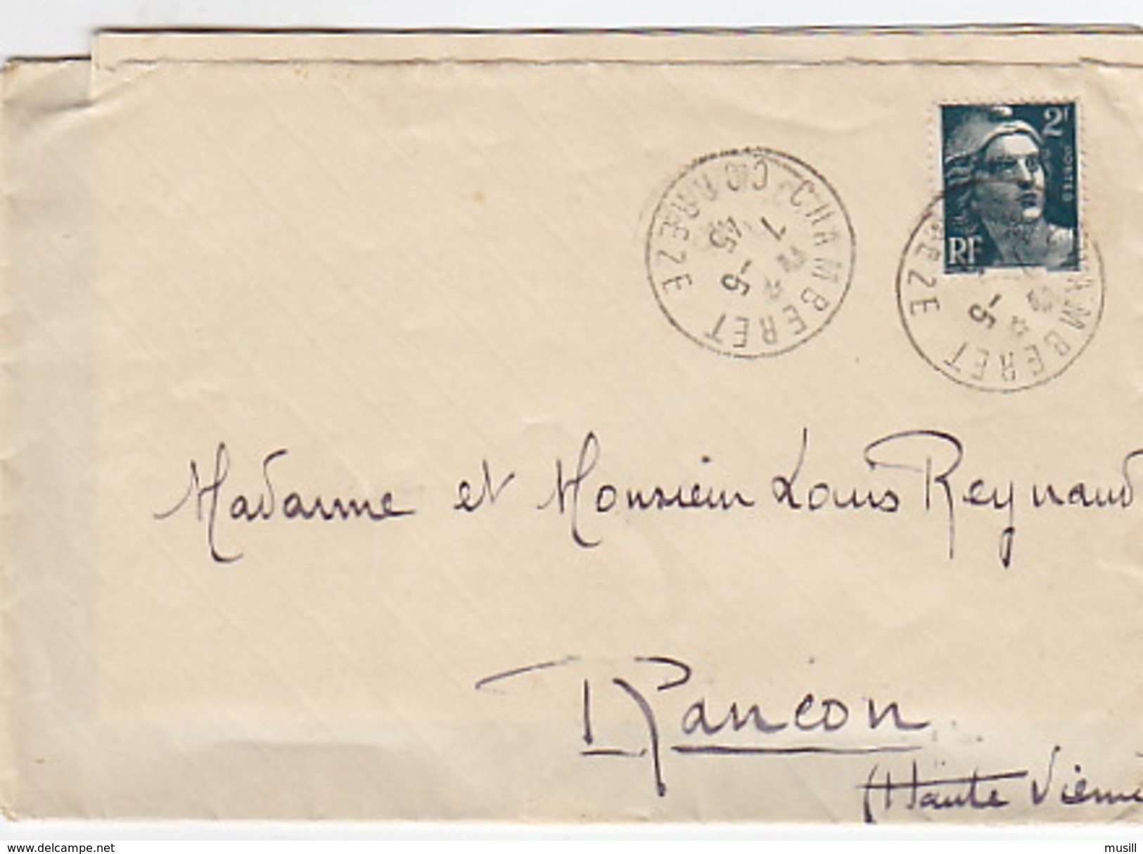 Lettre Envoyée Par Melle Maury, De Chamberet, Corrèze, à Rancon, Haute-Vienne,  à Monsieur Et Madame Reynaud. 7/5/45 - 1939-45