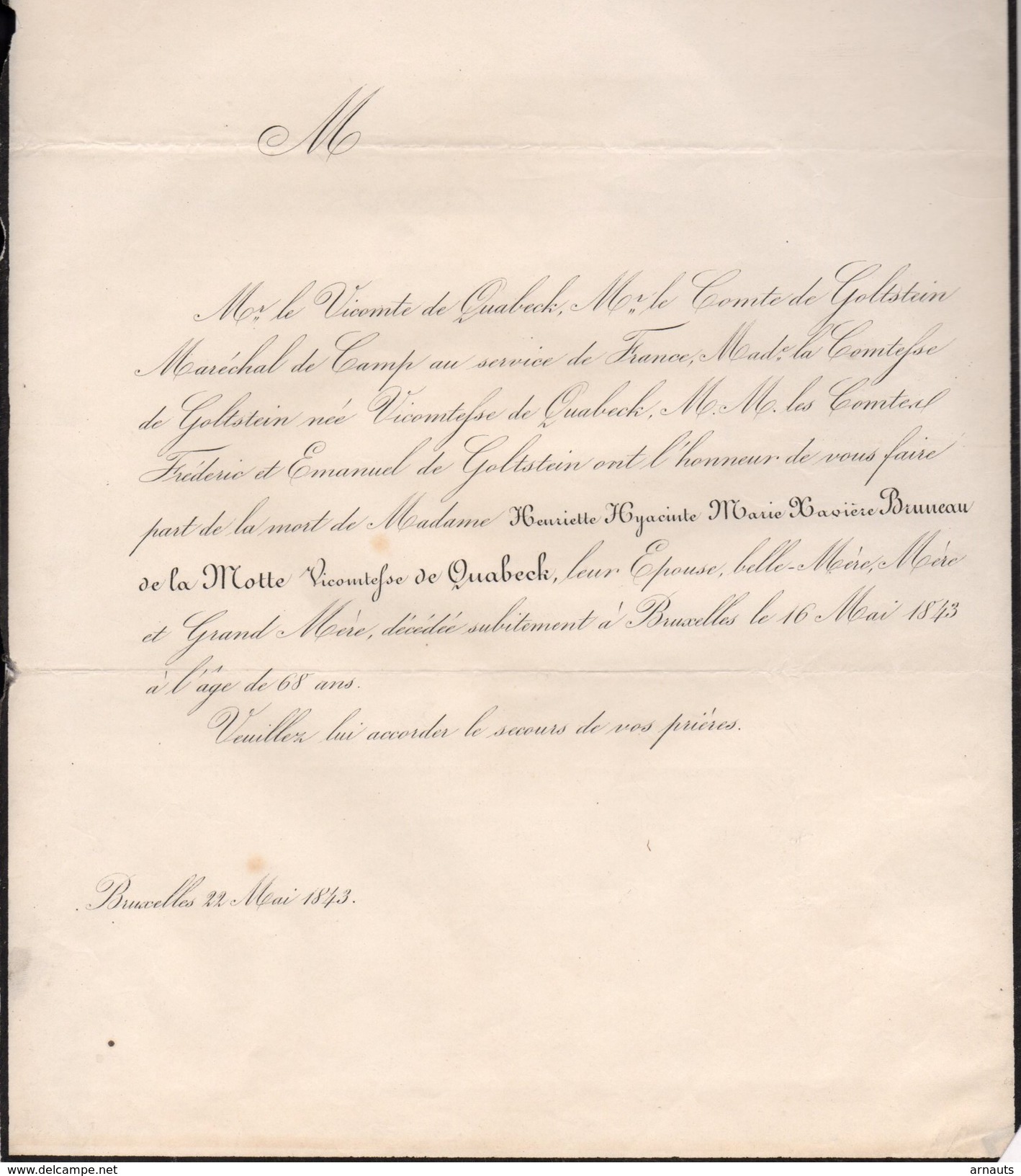 Henriette Bruneau De La Motte Vicomtesse De Quabeeck + Bruxelles 16/5/1843 68 Ans Golstein Maréchal De Camp France Goupy - Obituary Notices