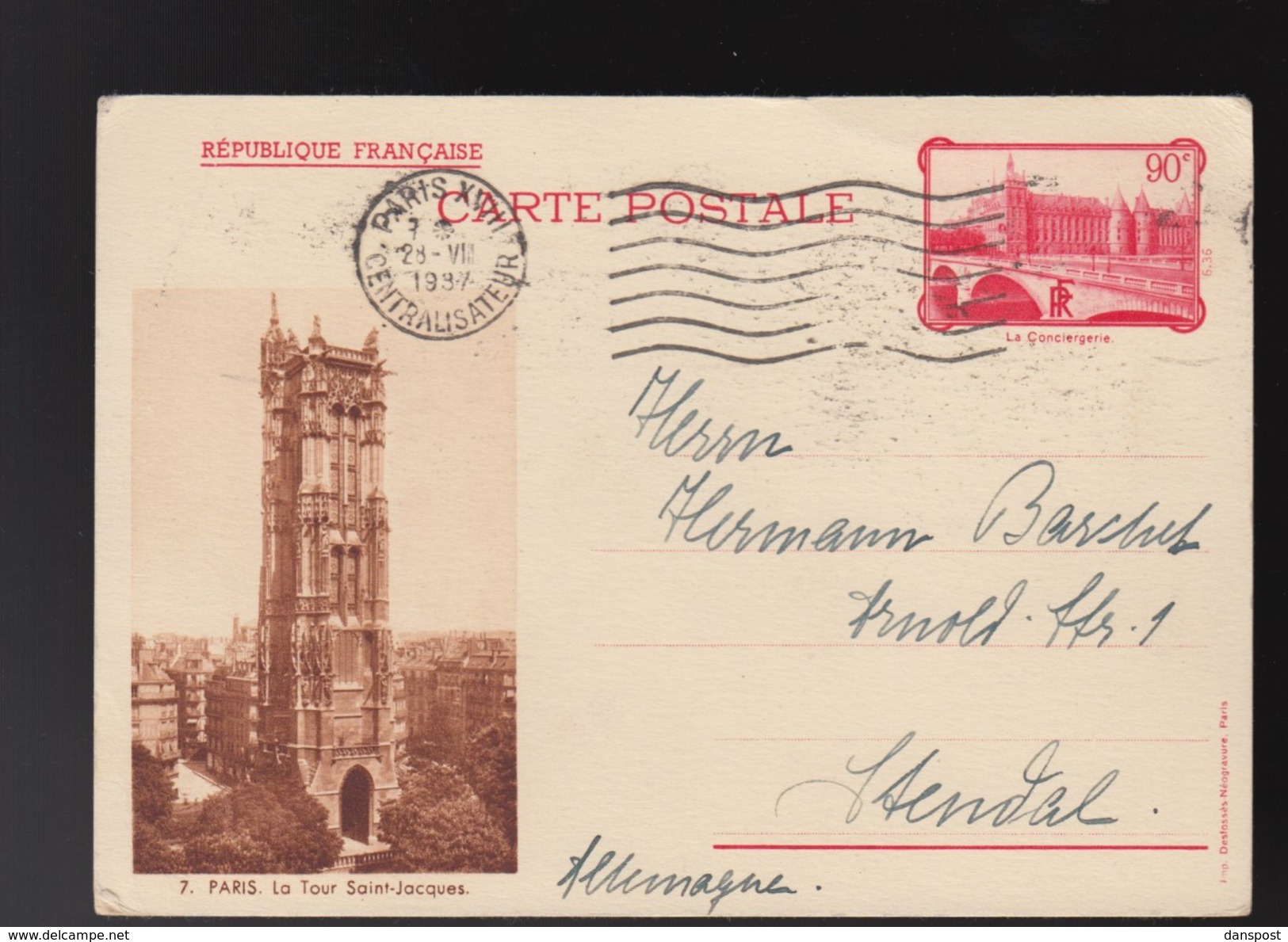 France CP Paris La Tour St. Jacques 1937 Pour L'Allemagne - Cartoline Postali E Su Commissione Privata TSC (ante 1995)