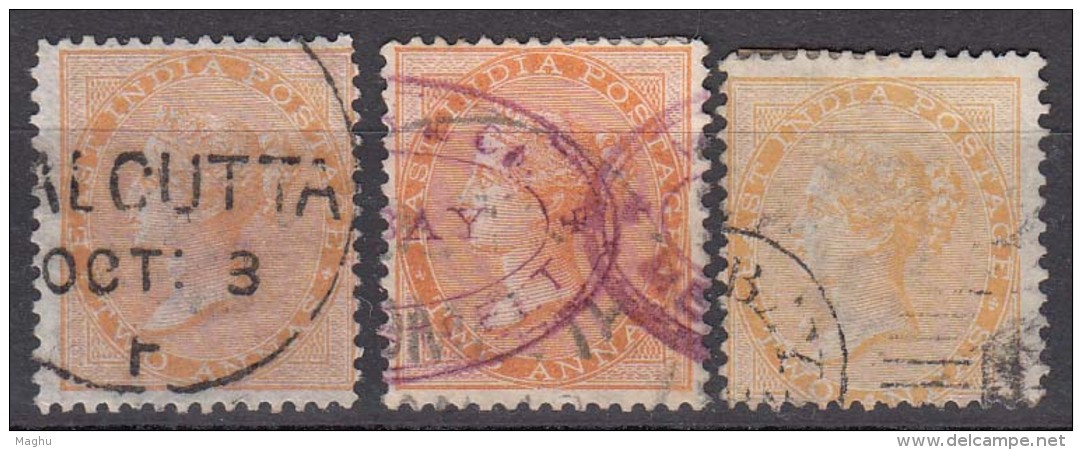 Three Shades, Two Annas, 2as, British India Used 1865 Elephant Watermark - 1858-79 Compañia Británica Y Gobierno De La Reina