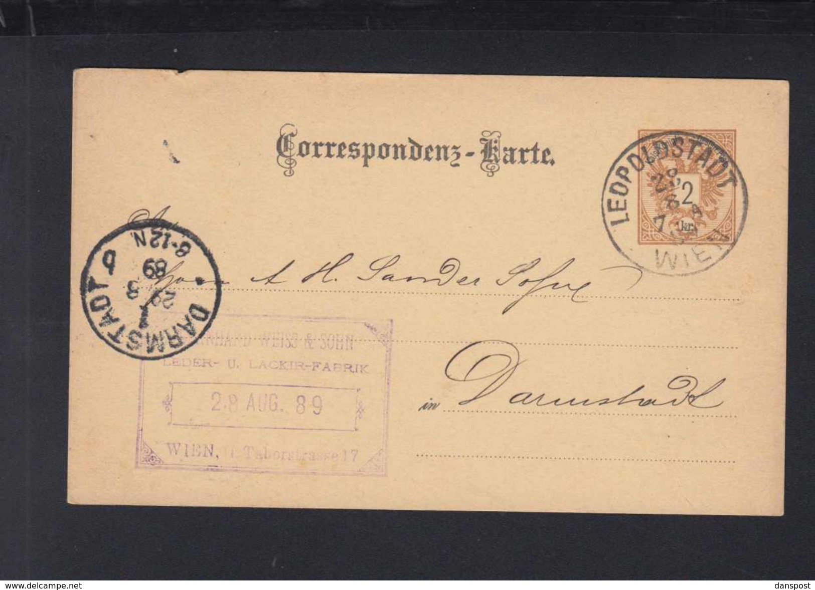 KuK GSK 1889 Leopoldstadt Wien Nach Darmstadt Vordruck Lederfabrik - Storia Postale