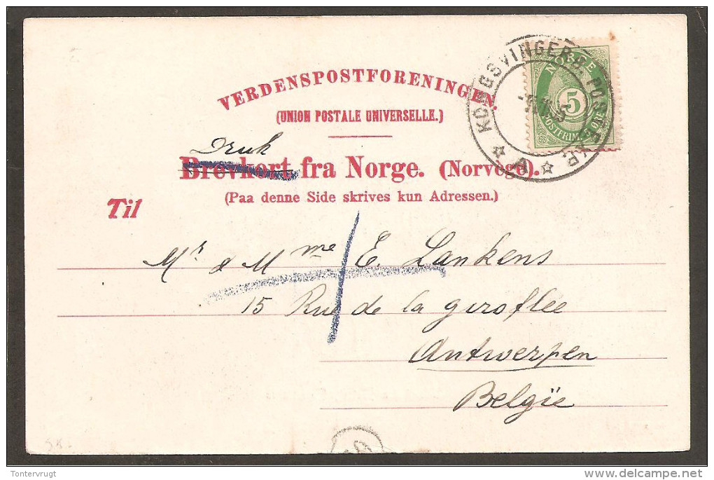 5 öre Posthorn. Postmark KONGSVINGER.POSTEXP XAx. P.c. Chistiania 1905 - Briefe U. Dokumente