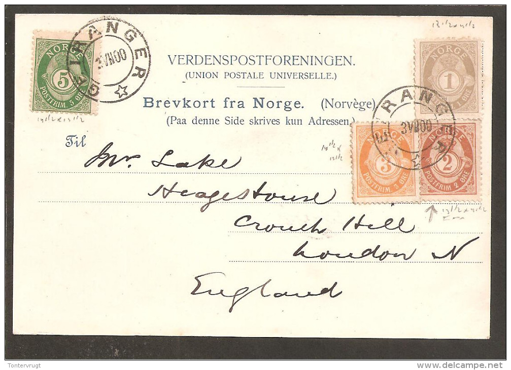 Posthorn 4 Colour Franking (11 öre) To England 1900. Pc. Hotel Union Geiranger - Cartas & Documentos