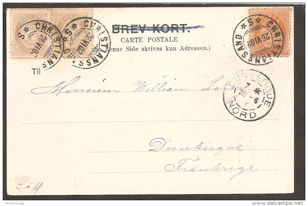 Posthorn Pair 1 öre With 3 öre-Cancelled Postage Due. Pc. Kristiansand 1902 - Lettres & Documents