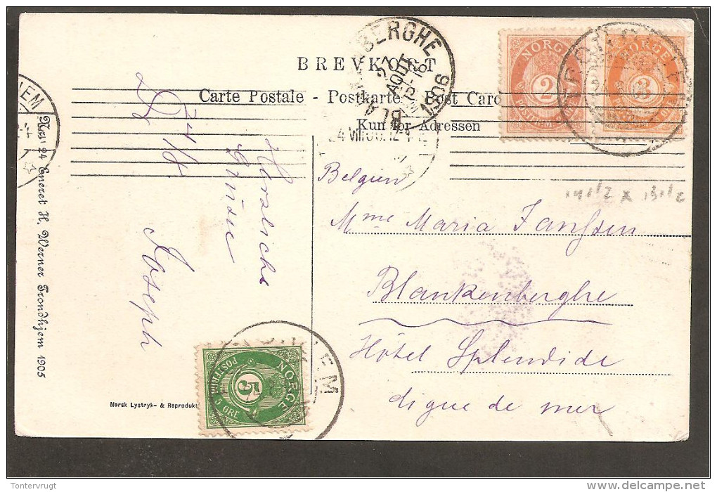 Posthorn  3 Colour Franking. 2 öre With 3 öre With 5 öre. Pc. Trondhjem 1906 - Covers & Documents