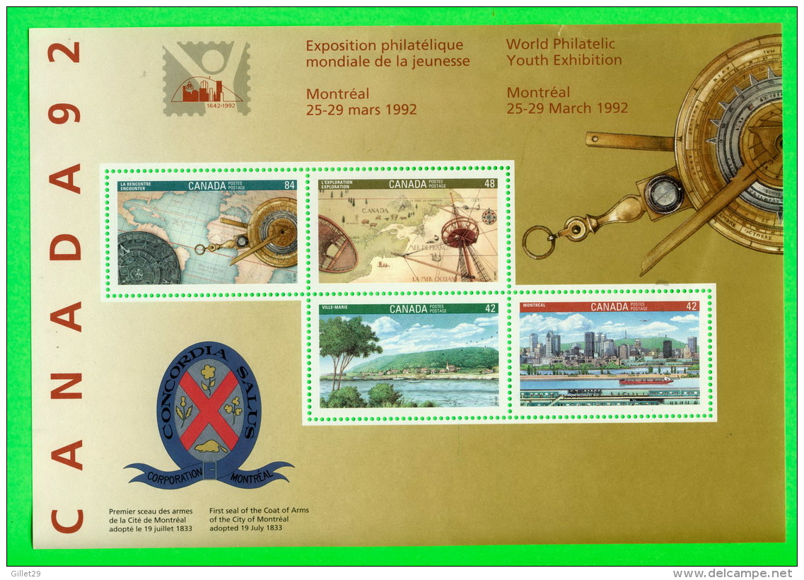 TIMBRES DU CANADA - NH-VF, WORLD PHILATELIC YOUTH EXHIBITION, 1992  - 4 STAMPS SOUVENIR SHEET - SCOTT No 1407 A - - Blocks & Sheetlets