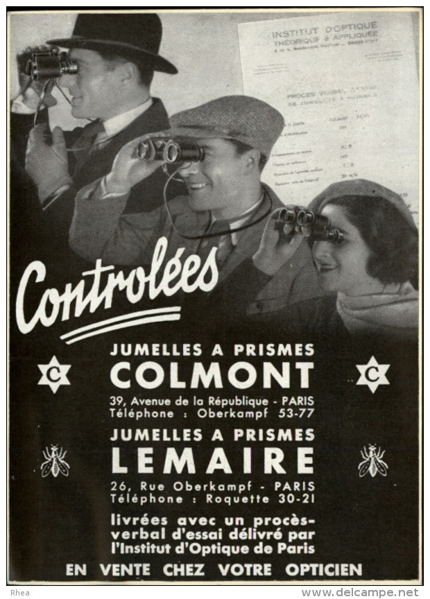 JUMELLES - Publicité Issue D´une Revue De 1933 Et Collée Sur Carton - Lunettes - Optique - - Publicités