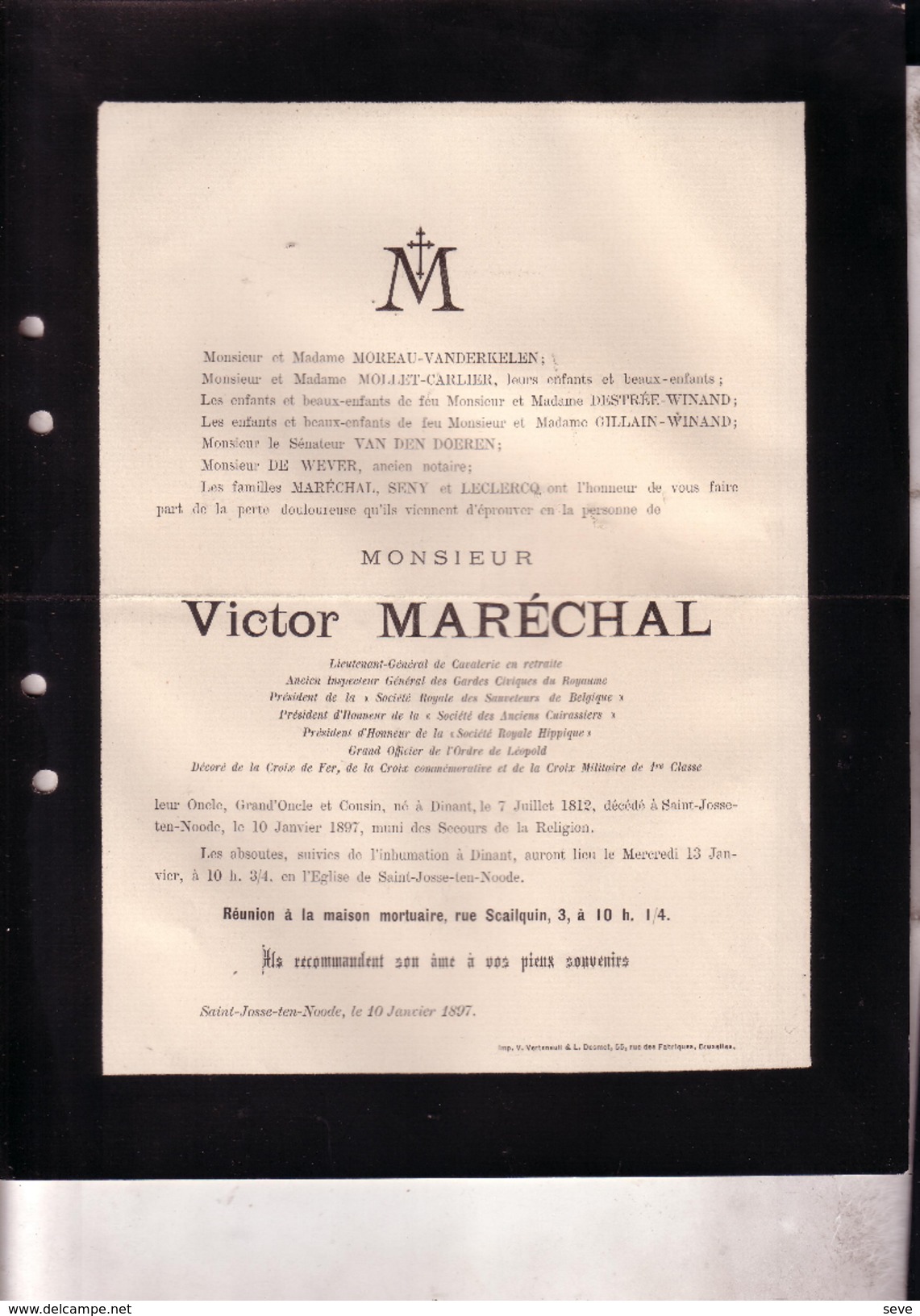 DINANT SAINT-JOSSE Victor MARECHAL Lieutenant-général Retraité  1812-1897 Famille MOREAU MOLLET CARLIER DESTREE - Todesanzeige